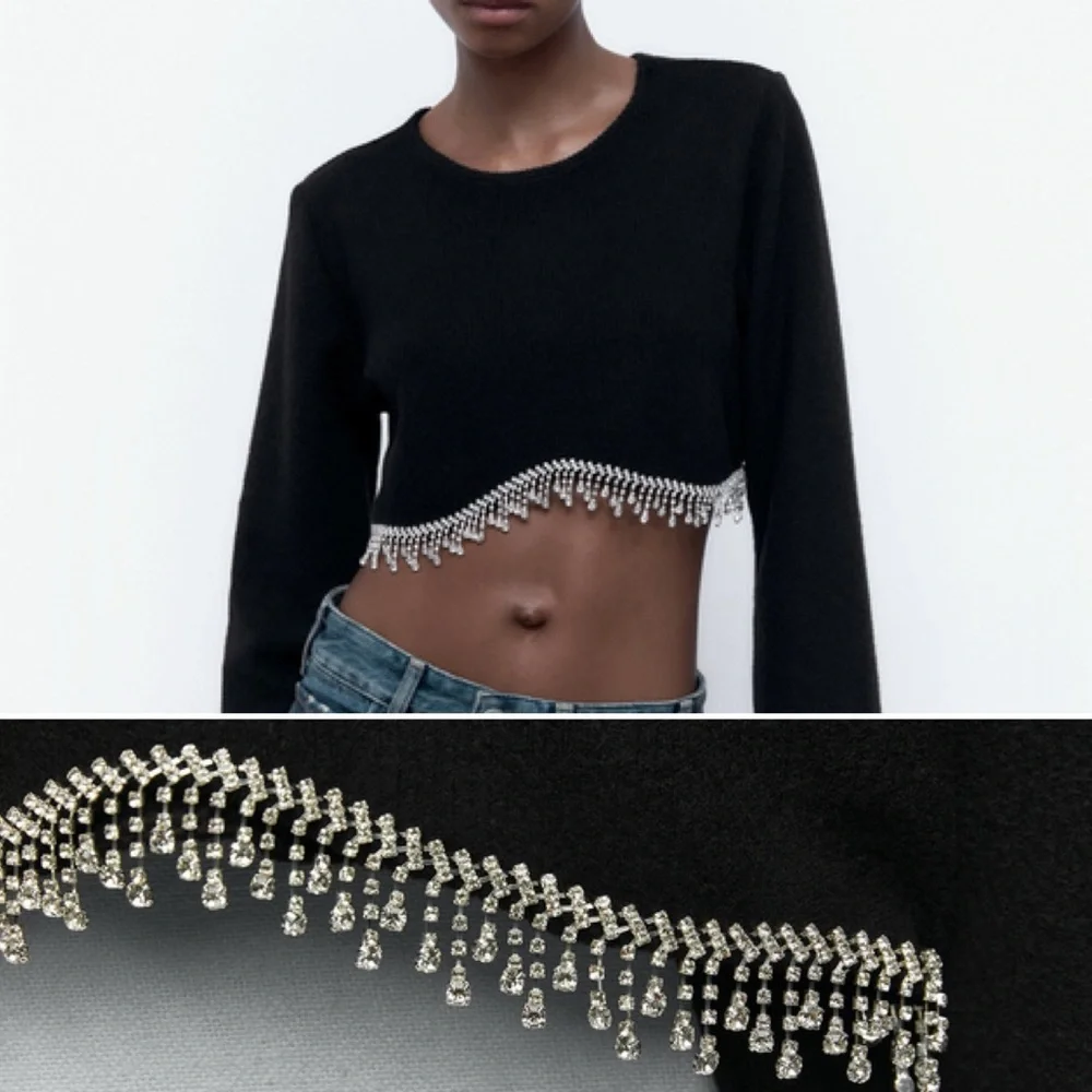 ZARA Rhinestone Ribbed Crop Top